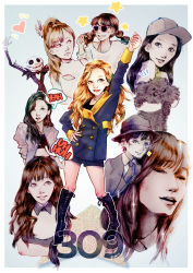Rule 34 | 1girl, 6+girls, baseball cap, boots, buttons, carrying, cleavage cutout, closed eyes, clothing cutout, cross-laced footwear, disney, dog, double-breasted, earrings, fedora, female focus, girls&#039; generation, hat, heart, highres, jack skellington, jacket, jewelry, k-pop, lace-up boots, looking at viewer, multiple girls, multiple persona, necklace, ponytail, shorts, smile, star (symbol), sunglasses, taeyeon (girls&#039; generation), the nightmare before christmas, twintails, waistcoat