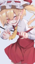 Rule 34 | 1girl, absurdres, ascot, blonde hair, blurry, blush, bow, breasts, claw pose, cowboy shot, crystal, depth of field, eyes visible through hair, fangs, fingernails, flandre scarlet, flat chest, hair between eyes, hat, hat bow, highres, leaning forward, long sleeves, looking at viewer, mob cap, one side up, open mouth, pointy ears, red bow, red eyes, red skirt, red vest, sharp fingernails, shirt, short hair, simple background, skirt, smile, solo, strap slip, teeth, touhou, tsune (tune), tsurime, upper teeth only, vest, white background, white hat, white shirt, wings, yellow ascot