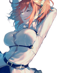 Rule 34 | 1girl, belt, breasts, closed mouth, commentary request, fate/grand order, fate (series), fujimaru ritsuka (female), hair between eyes, hair ornament, hair scrunchie, hairband, large breasts, mebaru, orange hair, outstretched arm, scrunchie, short hair, side ponytail, simple background, smile, solo, upper body, white background, white hairband