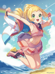 Rule 34 | 1girl, alternate costume, blonde hair, cosplay, creatures (company), game freak, green eyes, highres, kinocopro, lillie (pokemon), nemona (pokemon), nemona (pokemon) (cosplay), nemona (sygna suit) (pokemon), nintendo, official alternate costume, pokemon, pokemon masters ex, pokemon sm, solo