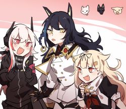 Rule 34 | 3girls, armband, black gloves, black hair, blonde hair, blue hair, blush, crossover, final gear, girls&#039; frontline, gloves, hair flaps, headgear, jacket, kantai collection, long hair, long sleeves, m4 sopmod ii (girls&#039; frontline), multicolored hair, multiple girls, open mouth, pink background, pink hair, red eyes, red hair, remodel (kantai collection), scarf, short sleeves, streaked hair, trait connection, white background, yellow eyes, yuudachi (kancolle), zocehuy