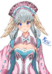 Rule 34 | 1girl, absurdres, aotsuba, blue eyes, blush, cape, hair between eyes, hat, head wings, highres, looking at viewer, melia antiqua, nintendo, signature, silver hair, simple background, smile, solo, upper body, white background, wings, xenoblade chronicles (series), xenoblade chronicles 1