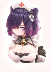 Rule 34 | 1girl, absurdres, azur lane, bell, black bow, black bowtie, blush, bow, bowtie, breasts, cleavage cutout, clothing cutout, commentary request, dress, elbow gloves, frilled dress, frills, gloves, hair bow, hair over one eye, hand on own chest, hat, highres, jervis (azur lane), large breasts, leaning forward, medium hair, neck bell, nurse cap, pout, purple eyes, purple hair, qian hen, sleeveless, sleeveless dress, solo, striped, striped bow, upper body, white bow, white gloves
