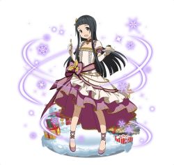 Rule 34 | 1girl, :d, black eyes, black hair, box, choker, christmas tree, collarbone, dress, elbow gloves, full body, gift, gift box, gloves, hair ornament, hime cut, holding, long dress, long hair, looking at viewer, open mouth, short sleeves, simple background, smile, solo, sword art online, very long hair, white background, white dress, white gloves, yui (sao)
