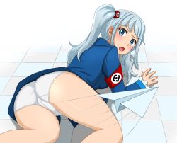 Rule 34 | 1girl, :o, all fours, armband, blue eyes, blue hair, blush, breasts, checkered floor, frilled sleeves, frills, highres, huyase, long hair, long sleeves, looking at viewer, looking back, open mouth, original, panties, paper airplane, rkn-chan, solo, underwear, white panties