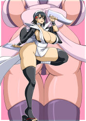 Rule 34 | 1girl, apron, ass, black hair, blue eyes, breasts, cameltoe, cleavage, highres, huge ass, huge breasts, iroha (samurai spirits), large breasts, leotard, leotard under clothes, looking at viewer, maid, maid apron, maid headdress, multiple views, samurai spirits, shiny skin, short hair, snk, solo, wide hips