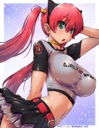 Rule 34 | 1girl, amania orz, belt, breasts, choker, commentary request, green eyes, large breasts, long hair, looking at viewer, midriff, navel, open mouth, original, red hair, short sleeves, skirt, solo, twintails