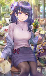 Rule 34 | 1girl, alternate costume, bag, black pantyhose, blunt bangs, breasts, brown pantyhose, commentary request, dango, day, earrings, flower, food, food request, genshin impact, hair flower, hair ornament, handbag, highres, holding, holding food, ice cream, jacket, jewelry, large breasts, long hair, long sleeves, mitsudomoe (shape), mole, mole under eye, nail polish, necklace, off shoulder, on chair, outdoors, pantyhose, parted lips, pink sweater, purple eyes, purple hair, purple jacket, purple nails, purple skirt, raiden shogun, red bean paste, ribbed sweater, sanshoku dango, skirt, solo, sweater, table, tomoe (symbol), torino aqua, tree, turtleneck, turtleneck sweater, wafer stick, wagashi, wooden table