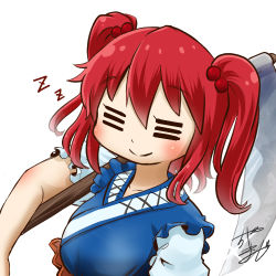Rule 34 | 1girl, profile picture, blue dress, breasts, chamaji, commentary request, dress, closed eyes, hair between eyes, hair bobbles, hair ornament, holding, holding scythe, lowres, medium hair, onozuka komachi, puffy short sleeves, puffy sleeves, red hair, scythe, shirt, short sleeves, signature, sleeping, smile, solo, touhou, two side up, white background, white shirt, zzz