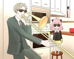 Rule 34 | 1boy, 1girl, absurdres, ahoge, anya (spy x family), bad id, bad pixiv id, black-framed eyewear, child, coat, commentary request, eden academy school uniform, hairpods, highres, instrument, meme, microwave, music, open clothes, open coat, oven, pink hair, playing instrument, school uniform, sheep 126, short hair, spy x family, sunglasses, trombone, twilight (spy x family), when mama isn&#039;t home (meme)