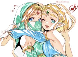 Rule 34 | 1boy, 1girl, ;d, aqua eyes, backless outfit, blonde hair, blue eyes, blush, bracelet, breast press, breasts, circlet, commentary, detached sleeves, embarrassed, eyelashes, gerudo set (zelda), hug, image sample, jewelry, link, looking at viewer, medium breasts, mouth veil, musical note, nintendo, one eye closed, open mouth, parted bangs, pointy ears, princess zelda, short hair, shuri (84k), simple background, smile, spoken musical note, sweatdrop, the legend of zelda, the legend of zelda: breath of the wild, the legend of zelda: tears of the kingdom, thick eyebrows, twitter sample, upper body, veil, white background