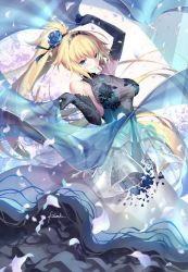 Rule 34 | 1girl, bare shoulders, blonde hair, blue dress, blue eyes, blue flower, blue gloves, blue rose, blush, breasts, craft essence (fate), dress, elbow gloves, fate/apocrypha, fate (series), floating hair, flower, gloves, holding, jeanne d&#039;arc (fate), jeanne d&#039;arc (ruler) (fate), jewelry, kousaki rui, large breasts, layered dress, long hair, looking at viewer, necklace, ponytail, rose, see-through, shawl, sleeveless, sleeveless dress, smile, solo, tiara, very long hair, wind