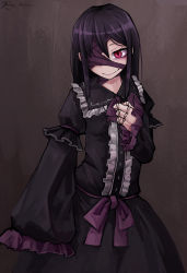Rule 34 | 1girl, ageha (ray-k), artist name, asymmetrical sleeves, bad id, bad pixiv id, black dress, black hair, doll joints, dress, eyepatch, frilled dress, frills, hair between eyes, hand on own chest, highres, joints, long dress, long hair, looking at viewer, neck ribbon, original, ray-k, red eyes, ribbon, sidelocks, signature, sleeves past wrists, slit pupils, smile, solo, uneven sleeves, wide sleeves