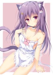 Rule 34 | 1girl, :t, animal ear fluff, animal ears, apron, arm support, blush, bow, breasts, brown background, cat ears, cat girl, cat tail, cleavage, closed mouth, commentary request, hair between eyes, hair ornament, hairclip, hand up, highres, looking at viewer, medium breasts, naked apron, original, pimopi, pink bow, pout, purple hair, red eyes, solo, strap slip, tail, two-tone background, white background