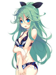 Rule 34 | 1girl, black panties, black ribbon, blue eyes, blue ribbon, blush, breasts, cleavage, collar, cowboy shot, from side, green hair, groin, hair between eyes, hair ornament, hair ribbon, hairclip, half updo, kantai collection, lace, lace-trimmed panties, lace trim, lingerie, long hair, looking at viewer, looking to the side, medium breasts, panties, revision, ribbon, shiny skin, shirokitsune, simple background, solo, underwear, underwear only, white background, yamakaze (kancolle)