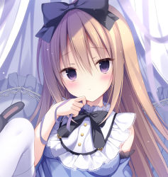 Rule 34 | 1girl, bare shoulders, black bow, blue shirt, blue sleeves, blush, bow, breasts, brown hair, closed mouth, commentary request, detached sleeves, frilled pillow, frills, hair between eyes, hair bow, hand up, izuminanase, knee up, long hair, looking at viewer, original, pillow, puffy short sleeves, puffy sleeves, purple eyes, shirt, short sleeves, single thighhigh, sleeveless, sleeveless shirt, small breasts, solo, stuffed animal, stuffed rabbit, stuffed toy, thighhighs, white thighhighs