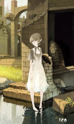 Rule 34 | 1girl, arms at sides, barefoot, breasts, cleavage cutout, clothing cutout, commentary, dress, fenrir (buzhidaoshishuei), full body, hair between eyes, ico, ladder, outdoors, pointy ears, short hair, silver hair, solo, standing, white dress, yorda