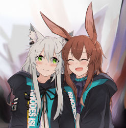 Rule 34 | 2girls, amiya (arknights), animal ears, arknights, ascot, blush, brown hair, cat ears, chinese commentary, closed eyes, commentary request, green eyes, highres, hood, hooded jacket, jacket, long hair, multiple girls, open mouth, ponytail, rabbit ears, rosmontis (arknights), silver hair, smile, yufeng kaete