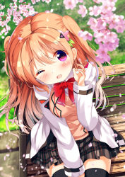 Rule 34 | 1girl, ;d, alternate hair length, alternate hairstyle, bench, between legs, black thighhighs, blazer, blurry, blurry foreground, blush, bow, brown skirt, chinomaron, collared shirt, commentary request, depth of field, dress shirt, flower, gochuumon wa usagi desu ka?, hair between eyes, hair flower, hair ornament, hand between legs, head tilt, highres, hoto cocoa, jacket, light brown hair, long hair, long sleeves, on bench, one eye closed, open clothes, open jacket, open mouth, park bench, petals, pink eyes, pink flower, plaid, plaid skirt, pleated skirt, red bow, shirt, sitting, skirt, smile, solo, sweater vest, thighhighs, two side up, very long hair, white jacket, white shirt