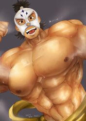 Rule 34 | 1boy, :d, abs, absurdres, bara, brown hair, cowboy shot, el fuerte, flexing, highres, huge pectorals, kata (o) ware, looking at viewer, luchador mask, male focus, muscular, muscular male, navel, nipples, open mouth, smile, solo, steaming body, street fighter, sweat, thick eyebrows, topless male