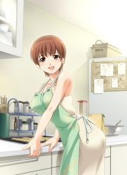 Rule 34 | 1girl, :d, apron, breasts, brown eyes, brown hair, collarbone, dress, game cg, green apron, indoors, kitchen, large breasts, looking at viewer, ojiri shin&#039;ya, open mouth, print apron, sawamura anna, short hair, sleeveless, sleeveless dress, smile, solo, standing, toshiue lesson, white dress