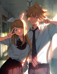 Rule 34 | 1boy, 1girl, aged up, blonde hair, blue eyes, blurry, blurry background, bow, bowtie, bright pupils, diagonal-striped bow, diagonal-striped bowtie, diagonal-striped clothes, diagonal-striped necktie, hair bow, hairpin, highres, indoors, kagamine len, kagamine rin, light particles, light rays, multiple hairpins, necktie, one eye closed, pleated skirt, school, school uniform, short hair, sidelighting, skirt, smile, spiked hair, striped clothes, sunlight, tetorutti35, upper body, v, v over eye, vocaloid