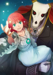 Rule 34 | 1boy, 1girl, :d, anco mhym, arm up, black jacket, collarbone, dress, elias ainsworth, floating hair, formal, gloves, green eyes, hair between eyes, hatori chise, highres, holding person, jacket, jewelry, long dress, looking at viewer, looking up, mahou tsukai no yome, necklace, open mouth, red eyes, red hair, skull, smile, white dress, white gloves