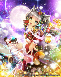 Rule 34 | 1girl, animal ears, blue eyes, blush, bow, christmas, company name, dog, dog ears, dog tail, eu (euspia), gift, green bow, high heels, long hair, looking at viewer, maboroshi juuhime, open mouth, pink thighhighs, sack, silver hair, solo, striped clothes, striped thighhighs, tail, teeth, thighhighs, white thighhighs