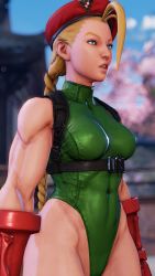 Rule 34 | 1girl, 3d, absurdres, antenna hair, bare shoulders, blonde hair, blue eyes, braid, breasts, cammy white, covered navel, curvy, full body, gloves, green leotard, hat, highleg, highleg leotard, highres, leotard, lips, long hair, looking to the side, medium breasts, red gloves, red hat, ryona, screencap, shiny clothes, sky, solo, street fighter, street fighter v, thighs, third-party edit, thong leotard, twin braids, very long hair, wide hips