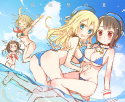 Rule 34 | 10s, 4girls, :d, :o, adapted costume, arms up, ascot, atago (kancolle), bad id, bad pixiv id, bare shoulders, bikini, black hair, blonde hair, blue bikini, blue eyes, breasts, brown hair, choukai (kancolle), cloud, day, dutch angle, closed eyes, female focus, glasses, hat, headgear, kantai collection, large breasts, long hair, looking at viewer, maya (kancolle), medium breasts, multiple girls, navel, open mouth, outdoors, pink eyes, red eyes, short hair, sketch, sky, smile, sodapop (iemaki), string bikini, swimsuit, takao (kancolle), water