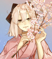 Rule 34 | 1girl, black bow, bob cut, bow, branch, cherry blossoms, closed mouth, fate/grand order, fate (series), gradient background, green eyes, hair bow, hands up, highres, holding, holding branch, japanese clothes, kimono, light particles, light smile, long sleeves, looking at viewer, medium hair, miquiaf, okita souji (fate), okita souji (koha-ace), pink kimono, pink nails, purple background, solo, sparkle, upper body, white hair, wide sleeves
