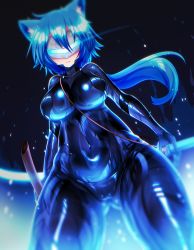 Rule 34 | 1girl, animal ear fluff, animal ears, blue hair, blue theme, blurry, bodysuit, breasts, cat ears, closed mouth, collarbone, dark, depth of field, expressionless, from below, glowing, gluteal fold, goggles, holding, holding sword, holding weapon, large breasts, latex, looking at viewer, looking down, low ponytail, mofuaki, original, sheath, shiny clothes, skin tight, solo, sword, unsheathed, weapon