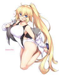 Rule 34 | 1girl, :d, ass, bare legs, black-framed eyewear, blonde hair, blue eyes, breasts, character name, collarbone, competition swimsuit, fate/grand order, fate (series), flip-flops, full body, glasses, halcon, heart, highres, jacket, jeanne d&#039;arc (fate), jeanne d&#039;arc (ruler) (fate), jeanne d&#039;arc (swimsuit archer) (fate), jeanne d&#039;arc (swimsuit archer) (second ascension) (fate), large breasts, legs up, long hair, off shoulder, one-piece swimsuit, open clothes, open jacket, open mouth, ponytail, sandals, simple background, skindentation, smile, solo, swimsuit, very long hair, white background, white one-piece swimsuit