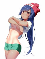 Rule 34 | 10s, 1girl, :o, armpit peek, beanie, blush, breasts, clothes lift, cosplay, cowboy shot, creatures (company), crossed arms, game freak, green shorts, hat, hizuki akira, long hair, looking at viewer, medium breasts, midriff, navel, nintendo, parted lips, pokemon, pokemon rgby, pokemon sm, purple hair, red eyes, red hat, sabrina (pokemon), selene (pokemon), selene (pokemon) (cosplay), shirt lift, shorts, simple background, solo, stomach, tan, tanline, tsurime, underboob, undressing, white background