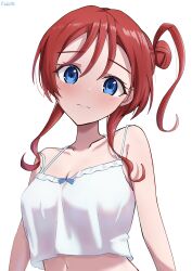 Rule 34 | 1girl, absurdres, blue eyes, blush, breasts, camisole, cleavage, closed mouth, collarbone, commentary request, crop top, furrowed brow, hair bun, head tilt, highres, looking at viewer, love live!, love live! superstar!!, medium breasts, midriff peek, navel, red hair, rikka006, sidelocks, single side bun, solo, upper body, white background, white camisole, yoneme mei