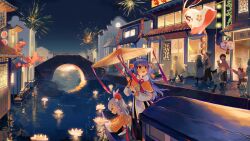 Rule 34 | 2girls, absurdres, ahoge, architecture, artist request, bili girl 22, bili girl 33, bilibili, blue hair, boat, bridge, canal, chinese commentary, chinese new year, commentary request, east asian architecture, fireworks, highres, holding, holding umbrella, lightning ahoge, long hair, makeup, multiple girls, night, night sky, official art, oil-paper umbrella, outdoors, people, red eyes, red ribbon, ribbon, rye-beer, second-party source, short hair, siblings, side ponytail, sisters, sky, smile, stairs, umbrella, watercraft