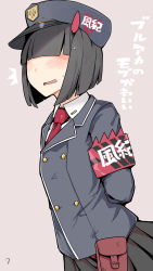 Rule 34 | 1girl, armband, arms behind back, black hair, black jacket, blue archive, blunt bangs, bob cut, prefect team member (blue archive), faceless, faceless female, hat, henoeno, highres, jacket, necktie, pleated skirt, pouch, red necktie, skirt, solo, sweatdrop, translation request