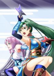 Rule 34 | 2girls, armpits, bare shoulders, blue legwear, breasts, circlet, cleavage, dual wielding, earrings, elbow gloves, fingerless gloves, fire emblem, fire emblem: the blazing blade, fire emblem heroes, florina (fire emblem), gloves, green eyes, green hair, hair ornament, highres, holding, holding weapon, japanese clothes, jewelry, long hair, lyn (fire emblem), matching hair/eyes, medium breasts, multiple girls, ninja, nintendo, open mouth, ponytail, purple hair, sandals, shuriken, shuriken hair ornament, sleeveless, sukkirito (rangusan), thighhighs, thighs, weapon, zettai ryouiki