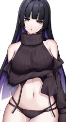 Rule 34 | 1girl, arms under breasts, bare shoulders, bikini, bikini under clothes, black bikini, black eyes, black hair, bocchi the rock!, breasts, chin piercing, clothing cutout, colored inner hair, commentary, crop top, cropped sweater, ear piercing, earrings, head tilt, highres, jewelry, kushinaka, large breasts, light blush, long hair, long sleeves, looking at viewer, multicolored hair, navel, pa-san, piercing, purple hair, shoulder cutout, simple background, sleeves past fingers, sleeves past wrists, solo, stomach, stud earrings, swimsuit, two-tone hair, untied bikini top, white background