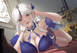 Rule 34 | 1girl, absurdres, armpits, bare shoulders, bedroom, blue dress, breasts, cleavage, cms (fei ju sang), dress, genshin impact, hair ornament, hand in own hair, hand on own face, highres, indoors, jewelry, large breasts, looking at viewer, lying, nail polish, ningguang (genshin impact), ningguang (orchid&#039;s evening gown) (genshin impact), on bed, on stomach, pink lips, red eyes, rex lapis (genshin impact), ring, stuffed toy, white hair, window