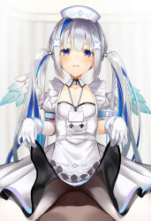 Rule 34 | 1girl, amane kanata, amane kanata (nurse), angel wings, armband, arou (arrow x666), bandaged arm, bandages, blue hair, blush, clothes lift, colored inner hair, dress, dress lift, gloves, grey hair, hair ornament, hat, highres, hololive, id card, long hair, looking at viewer, multicolored hair, nurse cap, pantyhose, parted lips, purple eyes, sitting, sitting on person, solo, twintails, very long hair, virtual youtuber, white pantyhose, wings