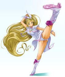Rule 34 | 10s, 1girl, alternate costume, blonde hair, boots, bow, brooch, cure rhythm, full body, goru (cure golgom), green eyes, hairband, jewelry, kicking, knee boots, long hair, magical girl, minamino kanade, miniskirt, panties, pantyshot, pink bow, precure, serious, skirt, solo, suite precure, underwear, upskirt, white background, white panties