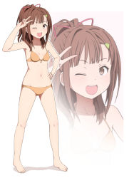 Rule 34 | 10s, bad id, bad pixiv id, breasts, brown eyes, brown hair, collarbone, hair ornament, hairclip, high school fleet, irizaki mei, looking at viewer, navel, one eye closed, small breasts, solo, sutee (ripobita), swimsuit, v