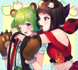 Rule 34 | 2girls, nanashi inc., animal ears, animare, bbbannooo, bear ears, bear paws, black hair, blush, breasts, character request, copyright request, fox ears, green eyes, green hair, hair ornament, hairclip, looking at another, medium breasts, multiple girls, one eye closed, open mouth, red eyes, short hair, short sleeves, smile, virtual youtuber