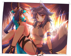 Rule 34 | 1girl, animal ear fluff, animal ears, bikini, blush, breasts, cleavage, criss-cross halter, crossed legs, fang, halterneck, highres, large breasts, looking at viewer, makoto (princess connect!), makoto (summer) (princess connect!), o-ring, o-ring bikini, o-ring top, outdoors, palm tree, palms, princess connect!, purple bikini, purple hair, purple shorts, see-through, shorts, sitting, skin fang, solo, split mouth, swimsuit, sword, tachibana (cyclone1316), tail, tree, twilight, weapon, wolf ears, wolf girl, wolf tail, yellow eyes