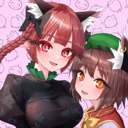 Rule 34 | 2girls, :d, absurdres, animal ear fluff, animal ear piercing, animal ears, black bow, bow, bowtie, braid, breasts, brown hair, cat, cat day, cat ears, cat girl, chen, extra ears, fang, green headwear, hair bow, hat, highres, kaenbyou rin, large breasts, long eyelashes, looking at viewer, mob cap, multiple girls, open mouth, orange eyes, pink background, pointy ears, red eyes, short hair, smile, sugar you, touhou, upper body, yellow bow, yellow bowtie