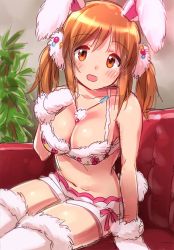 Rule 34 | 10s, 1girl, :d, animal costume, animal ears, blush, bra, breasts, brown eyes, brown hair, cleavage, couch, fur trim, gloves, hair ornament, idolmaster, idolmaster cinderella girls, large breasts, navel, open mouth, rabbit ears, rabbit girl, rabbit tail, red upholstery, short shorts, shorts, sketch, smile, solo, sonsoso, tail, thighhighs, totoki airi, twintails, underwear