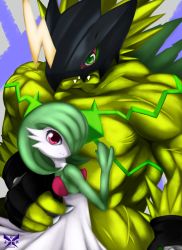 Rule 34 | 1boy, 1girl, artist request, bulkmon, creatures (company), crossover, digimon, digimon (creature), fingernails, game freak, gardevoir, gen 3 pokemon, highres, horn, hug, large pectorals, looking at viewer, mask, muscular, muscular male, nintendo, open mouth, pectorals, pokemon, red eyes, sharp fingernails, sharp teeth, simple background, smile, standing, tail, teeth