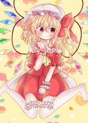 Rule 34 | 1girl, adapted costume, back bow, bare shoulders, blonde hair, blush, bow, closed mouth, crystal, flandre scarlet, frilled shirt collar, frilled sleeves, frilled thighhighs, frills, full body, garter straps, hair between eyes, hat, heart, highres, medium hair, mob cap, multicolored wings, no shoes, pout, rainbow order, rainbow wings, red eyes, red shirt, red skirt, ribbon, shiraishikotori, shirt, short sleeves, side ponytail, simple background, skirt, solo, thighhighs, touhou, white bow, white hat, white thighhighs, wings, wrist cuffs, yellow background