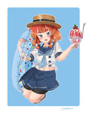 Rule 34 | 1girl, :d, absurdres, blue background, blue ribbon, blue skirt, border, braid, buttons, dated, etorofu (kancolle), food, fruit, full body, gradient hair, highres, holding, holding food, kantai collection, legs up, looking at viewer, midriff, multicolored hair, navel, open mouth, pleated skirt, purple eyes, red hair, ribbon, sagoromo 04, school uniform, serafuku, shaved ice, short sleeves, shorts, shorts under skirt, side braid, signature, simple background, skirt, smile, solo, spoon, strawberry, thick eyebrows, twin braids, white border